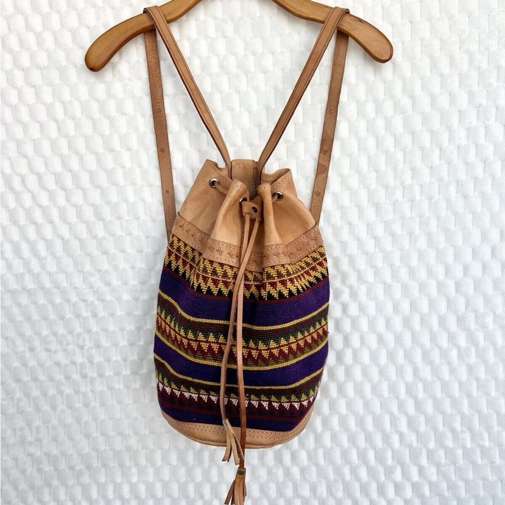 Drawstring Aztec Tapestry Hand Loomed Backpack W/ Tan Leather Boho Hippie